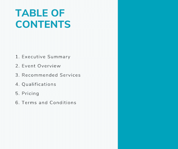 table content of a business plan